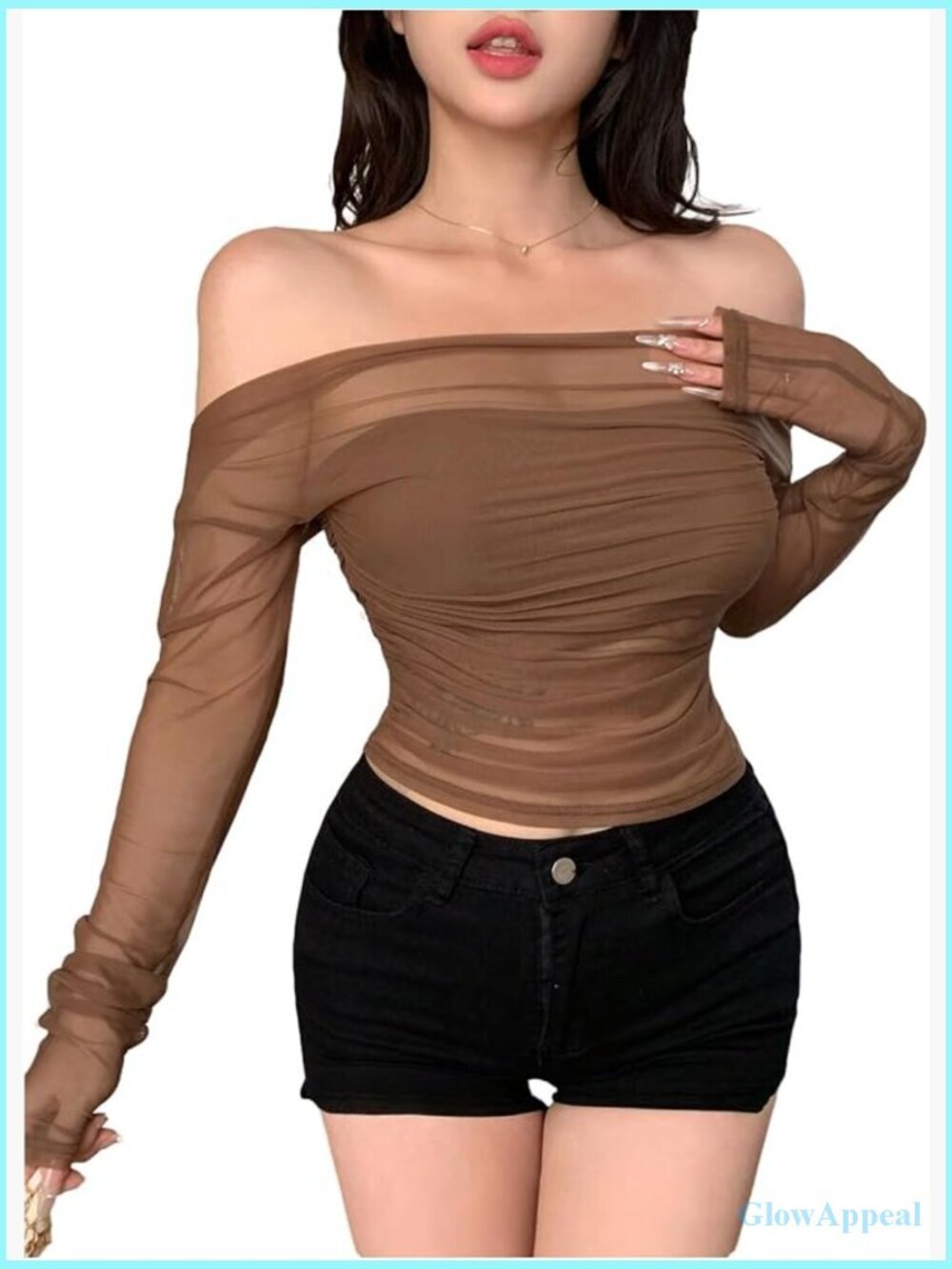 Off The Shoulder Mesh Crop Top Long Sleeve Ruched Fitted Rave Concert Shirt